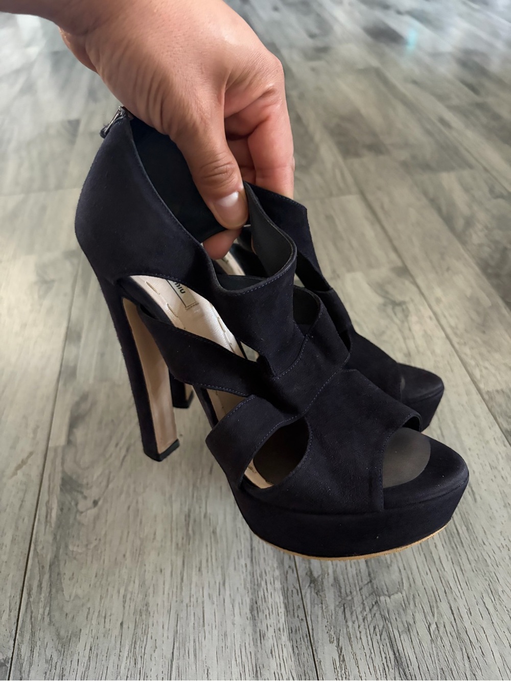 Miu Miu Dark Blue Suede Platform Cutout Heels